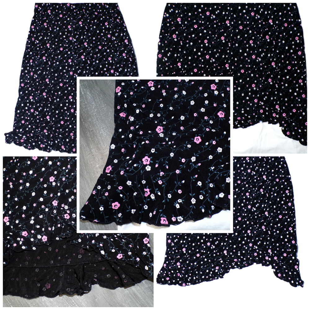 Y2k Midi Skirt M Black Ditsy pink Flowers Ruffle High-lo Dark Fairy Whimsigoth